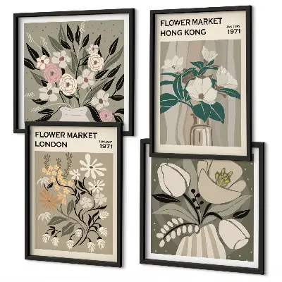 Multi-piece wall decor set floral illustrations of London and Hong Kong
