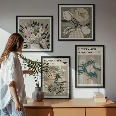 Multi-piece wall decor set floral illustrations of London and Hong Kong