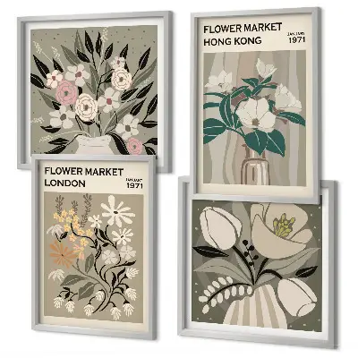 Multi-piece wall decor set floral illustrations of London and Hong Kong