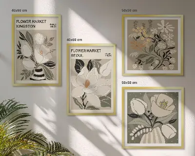 Wall art set featuring Kingston Seoul retro flowers