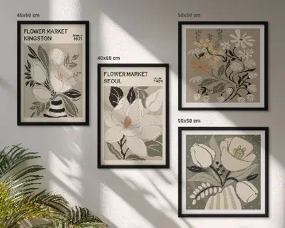 Wall art set featuring Kingston Seoul retro flowers