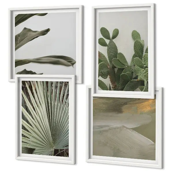 Set of 4 tropical plant wall art pieces pastel leaves design
