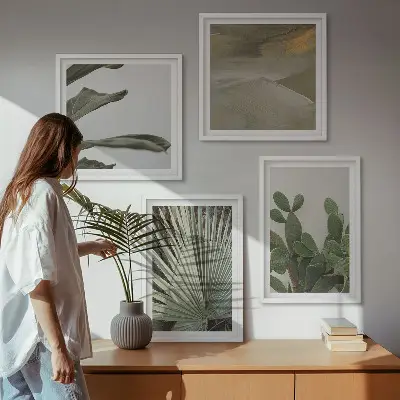 Set of 4 tropical plant wall art pieces pastel leaves design