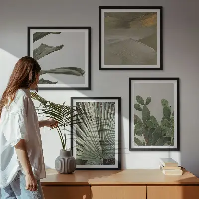 Set of 4 tropical plant wall art pieces pastel leaves design