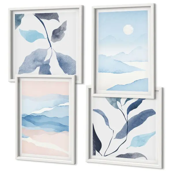 Multi-piece wall decor set featuring watercolor mountain landscapes and plants