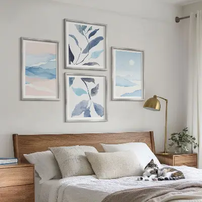 Multi-piece wall decor set featuring watercolor mountain landscapes and plants