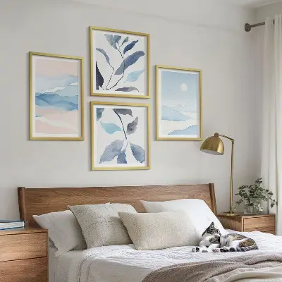 Multi-piece wall decor set featuring watercolor mountain landscapes and plants