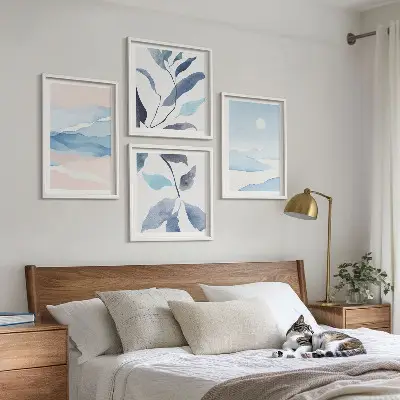 Multi-piece wall decor set featuring watercolor mountain landscapes and plants