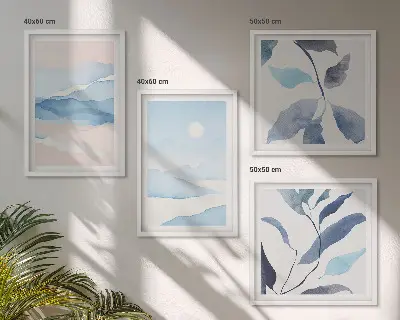 Multi-piece wall decor set featuring watercolor mountain landscapes and plants