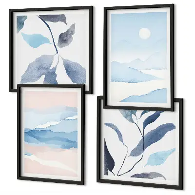 Multi-piece wall decor set featuring watercolor mountain landscapes and plants