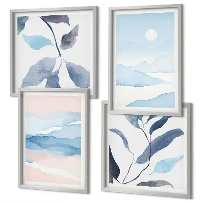 Multi-piece wall decor set featuring watercolor mountain landscapes and plants