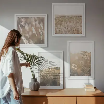 Multi-piece wall art set landscape with grass and flowers in warm tones