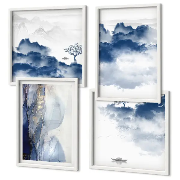 Multi-piece wall art set featuring mountains, clouds, trees, and birds