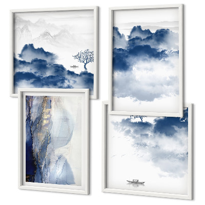 Multi-piece wall decor set Mountains clouds trees birds background