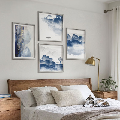 Multi-piece wall decor set Mountains clouds trees birds background