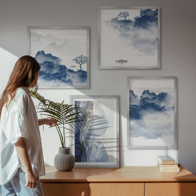 Multi-piece wall decor set Mountains clouds trees birds background