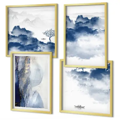 Multi-piece wall art set featuring mountains, clouds, trees, and birds