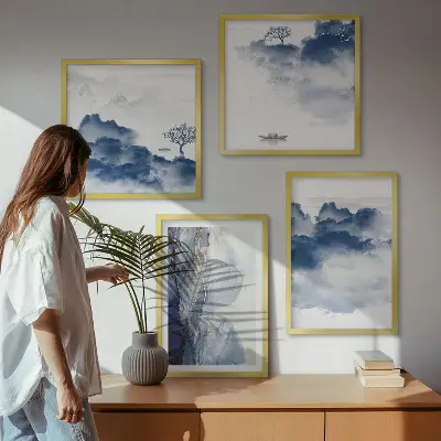 Multi-piece wall art set featuring mountains, clouds, trees, and birds