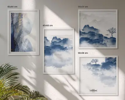 Multi-piece wall art set featuring mountains, clouds, trees, and birds