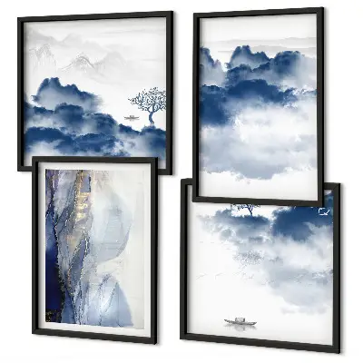 Multi-piece wall art set featuring mountains, clouds, trees, and birds
