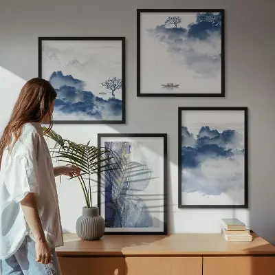 Multi-piece wall art set featuring mountains, clouds, trees, and birds