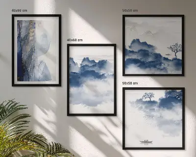 Multi-piece wall art set featuring mountains, clouds, trees, and birds