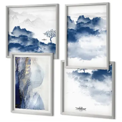 Multi-piece wall art set featuring mountains, clouds, trees, and birds
