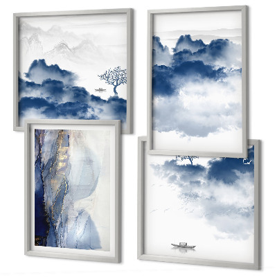 Multi-piece wall decor set Mountains clouds trees birds background