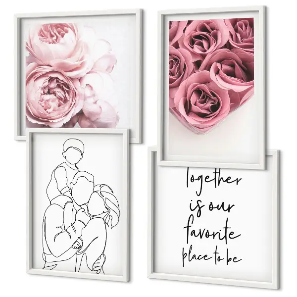 Family line-art rose bouquets wall art set of 4 pieces