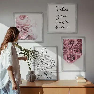 Family line-art rose bouquets wall art set of 4 pieces