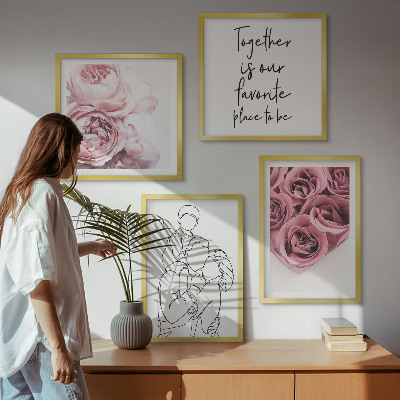 Set of 4 wall art pieces Family line-art rose bouquets