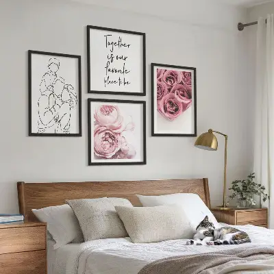 Family line-art rose bouquets wall art set of 4 pieces
