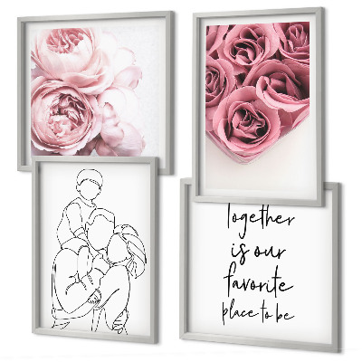 Set of 4 wall art pieces Family line-art rose bouquets