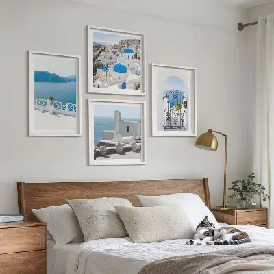 Multi-piece wall art set white buildings in Greece by the sea