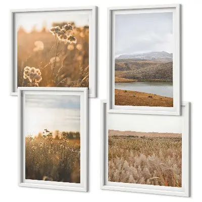 Set of 4 wall art pieces featuring scenic landscapes of meadows, mountains, and a lake