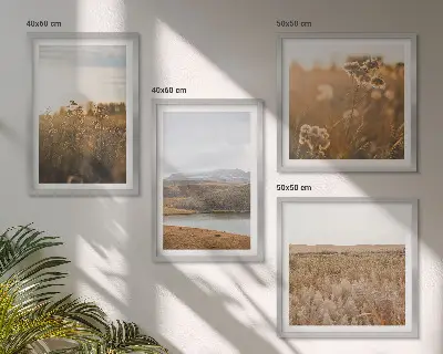 Set of 4 wall art pieces featuring scenic landscapes of meadows, mountains, and a lake