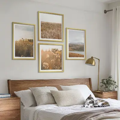 Set of 4 wall art pieces featuring scenic landscapes of meadows, mountains, and a lake