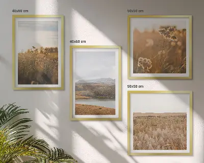 Set of 4 wall art pieces featuring scenic landscapes of meadows, mountains, and a lake
