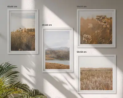 Set of 4 wall art pieces featuring scenic landscapes of meadows, mountains, and a lake