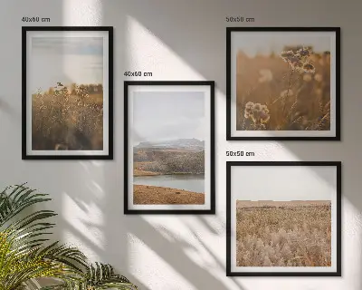 Set of 4 wall art pieces featuring scenic landscapes of meadows, mountains, and a lake