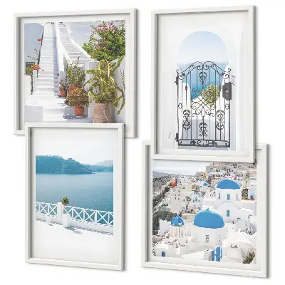 Set of 4 wall art pieces featuring white stairs, plants, and the sea