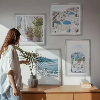 Set of 4 wall art pieces White stairs plants sea