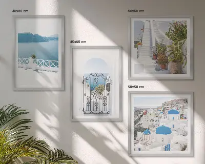 Set of 4 wall art pieces featuring white stairs, plants, and the sea