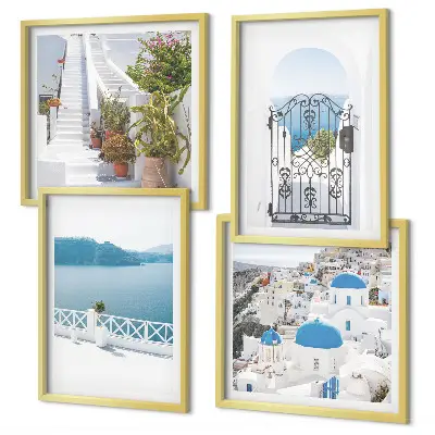 Set of 4 wall art pieces featuring white stairs, plants, and the sea