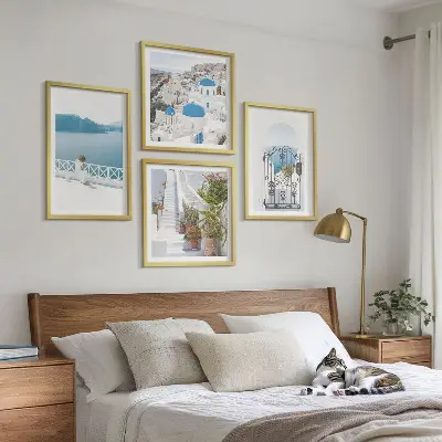 Set of 4 wall art pieces White stairs plants sea