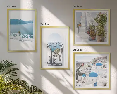 Set of 4 wall art pieces featuring white stairs, plants, and the sea
