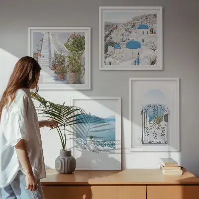 Set of 4 wall art pieces featuring white stairs, plants, and the sea