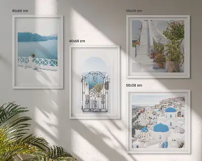 Set of 4 wall art pieces featuring white stairs, plants, and the sea