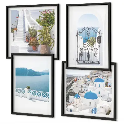 Set of 4 wall art pieces featuring white stairs, plants, and the sea