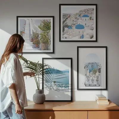 Set of 4 wall art pieces featuring white stairs, plants, and the sea